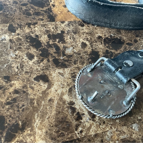 Vtg Mexican Leather Belt with Heavy Turquoise Chip Buckle - Picture 3 of 10